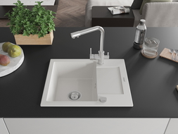 Mexen Enzo granite sink 1-bowl with drainer and Duero kitchen tap, white - 6506-20-671600-00