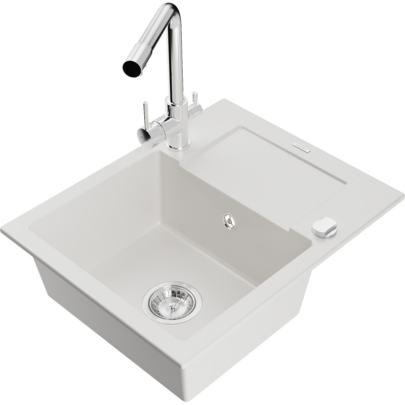 Mexen Enzo granite single-bowl sink with drainer and Duero kitchen faucet, white - 6506-20-671600-00