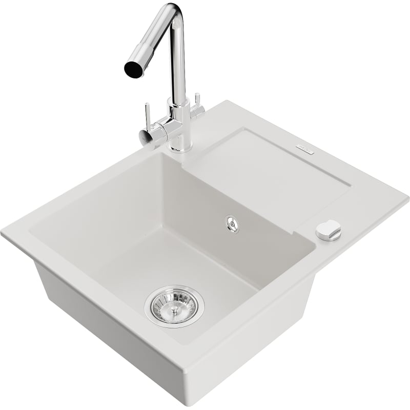 Mexen Enzo granite sink 1-bowl with drainer and kitchen faucet Duero, white - 6506-20-671600-00