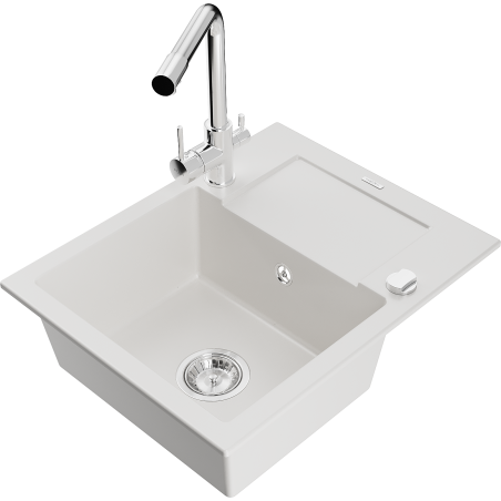 Mexen Enzo granite sink 1-bowl with drainer and kitchen faucet Duero, white - 6506-20-671600-00