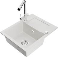 Mexen Enzo granite single-bowl sink with drainer and Duero kitchen faucet, white - 6506-20-671600-00