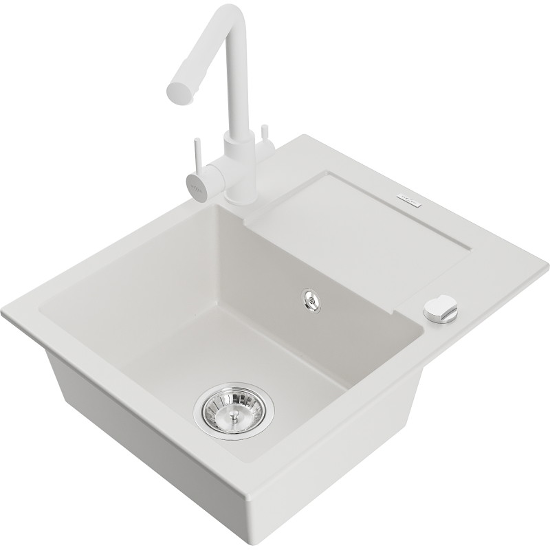 Mexen Enzo granite sink with 1 basin, drainer, and Duero kitchen faucet, white - 6506-20-671600-20