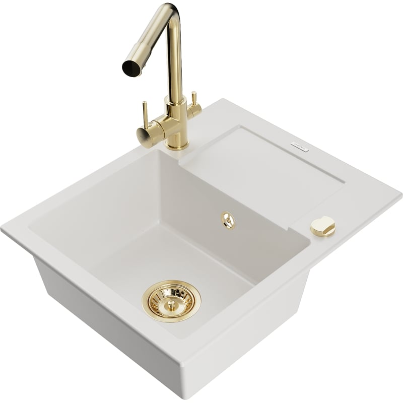 Mexen Enzo 1-bowl granite sink with drainer and Duero kitchen faucet, white - 6506-20-671600-50
