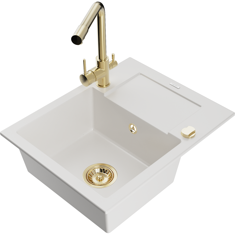 Mexen Enzo granite sink 1-bowl with drainer and Duero kitchen tap, white - 6506-20-671600-50