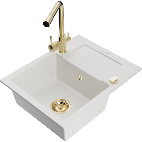 Mexen Enzo 1-bowl granite sink with drainer and Duero kitchen faucet, white - 6506-20-671600-50