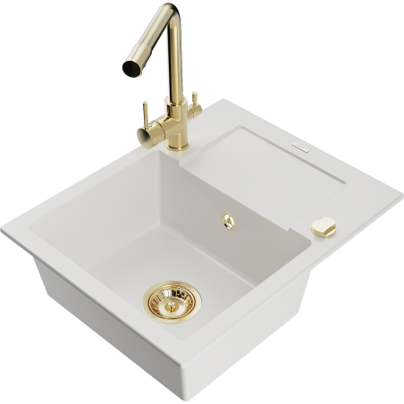 Mexen Enzo granite sink 1-bowl with drainer and Duero kitchen faucet, white - 6506-20-671600-50