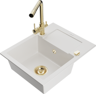 Mexen Enzo granite sink 1-bowl with drainer and Duero kitchen faucet, white - 6506-20-671600-50