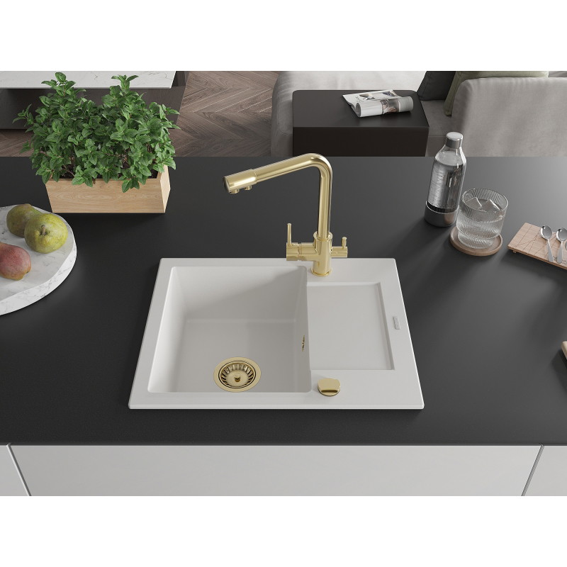 Mexen Enzo 1-bowl granite sink with drainer and Duero kitchen faucet, white - 6506-20-671600-50
