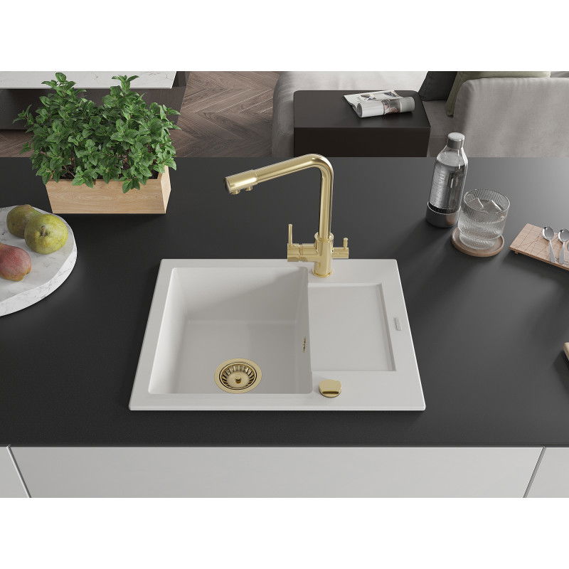 Mexen Enzo granite sink 1-bowl with drainer and Duero kitchen tap, white - 6506-20-671600-50