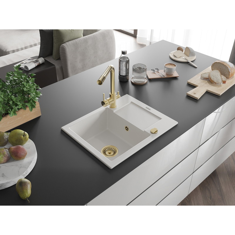 Mexen Enzo 1-bowl granite sink with drainer and Duero kitchen faucet, white - 6506-20-671600-50