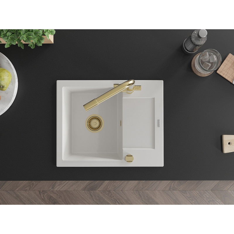 Mexen Enzo 1-bowl granite sink with drainer and Duero kitchen faucet, white - 6506-20-671600-50