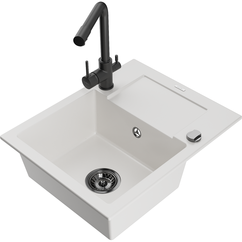 Mexen Enzo 1-compartment granite sink with a drip tray and kitchen mixer tap Duero, White - 6506-20-671600-70