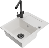 Mexen Enzo 1-compartment granite sink with a drip tray and kitchen mixer tap Duero, White - 6506-20-671600-70