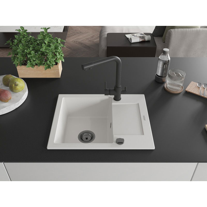 Mexen Enzo 1-bowl granite sink with drainer and Duero kitchen tap, white - 6506-20-671600-70