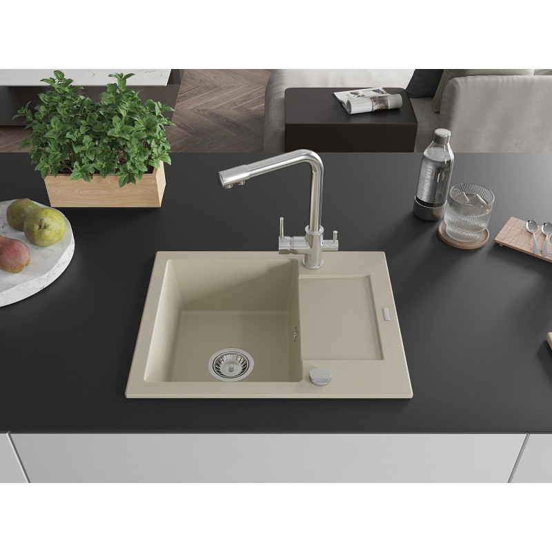 Mexen Enzo granite sink 1-bowl with drainer and kitchen faucet Duero, beige - 6506-69-671600-00