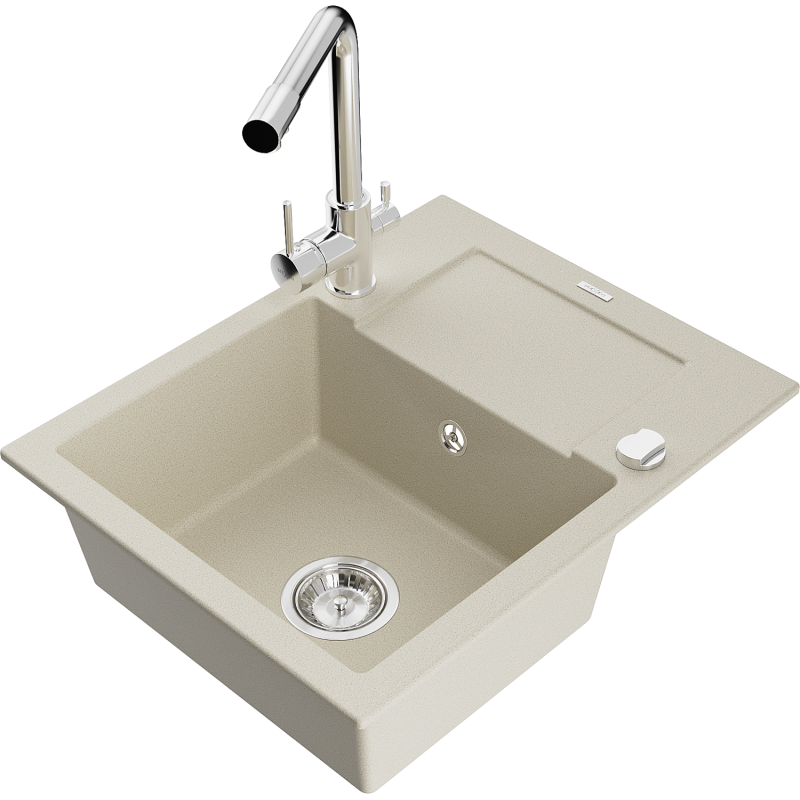 Mexen Enzo 1-compartment granite sink with a drip tray and kitchen mixer tap Duero, Beige - 6506-69-671600-00