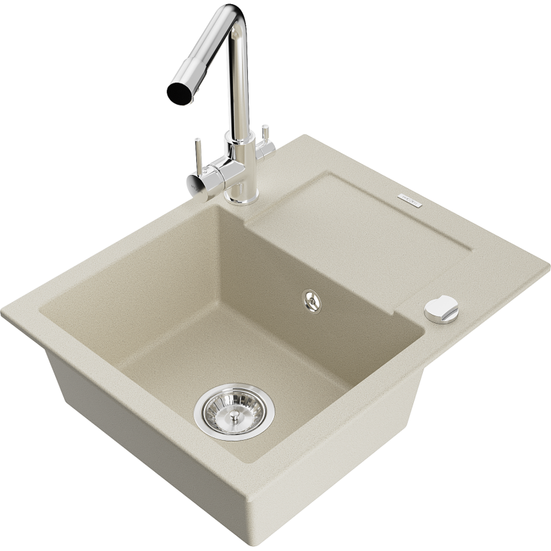 Mexen Enzo granite sink 1-bowl with drainer and Duero kitchen tap, beige - 6506-69-671600-00