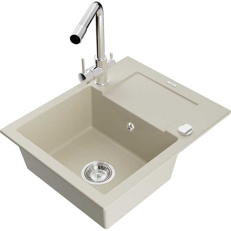 Mexen Enzo granite sink 1-bowl with drainer and kitchen faucet Duero, beige - 6506-69-671600-00