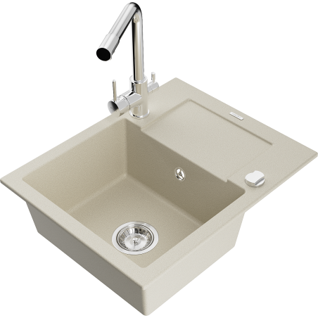 Mexen Enzo granite single-bowl sink with drainer and Duero kitchen faucet, beige - 6506-69-671600-00