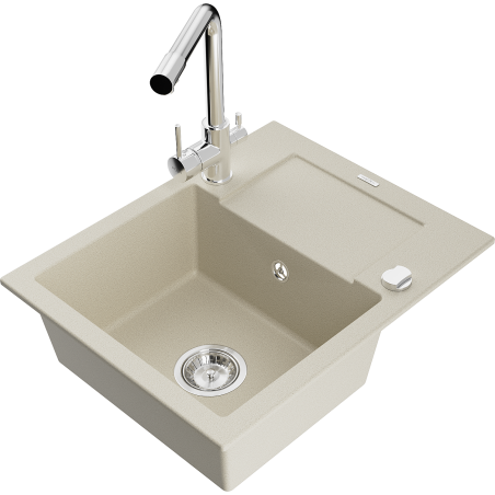 Mexen Enzo granite sink 1-bowl with drainer and kitchen faucet Duero, beige - 6506-69-671600-00