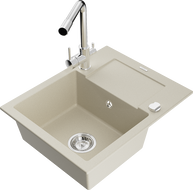 Mexen Enzo granite single-bowl sink with drainer and Duero kitchen faucet, beige - 6506-69-671600-00