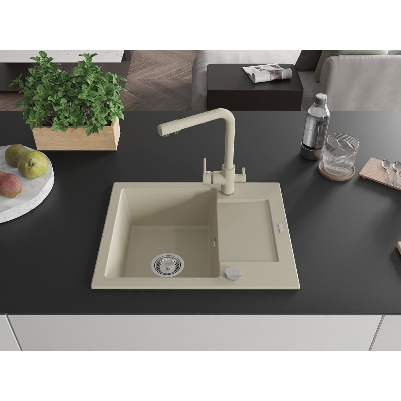 Mexen Enzo 1-bowl granite sink with drainer and Duero kitchen faucet, beige - 6506-69-671600-69