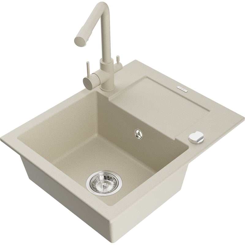 Mexen Enzo 1-bowl granite sink with drainer and Duero kitchen faucet, beige - 6506-69-671600-69