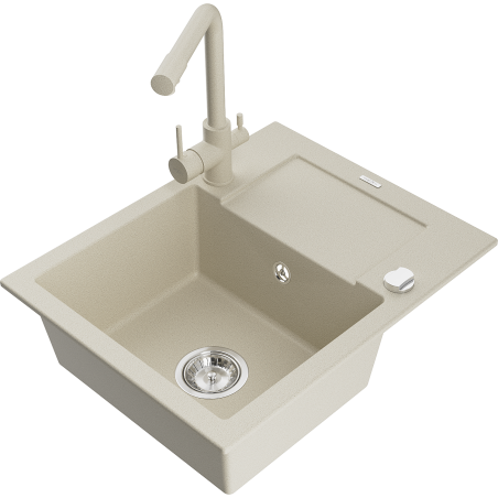 Mexen Enzo 1-bowl granite sink with drainer and Duero kitchen faucet, beige - 6506-69-671600-69