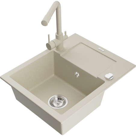 Mexen Enzo granite kitchen sink 1-bowl with drainer and Duero kitchen faucet, beige - 6506-69-671600-69