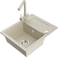 Mexen Enzo granite kitchen sink 1-bowl with drainer and Duero kitchen faucet, beige - 6506-69-671600-69