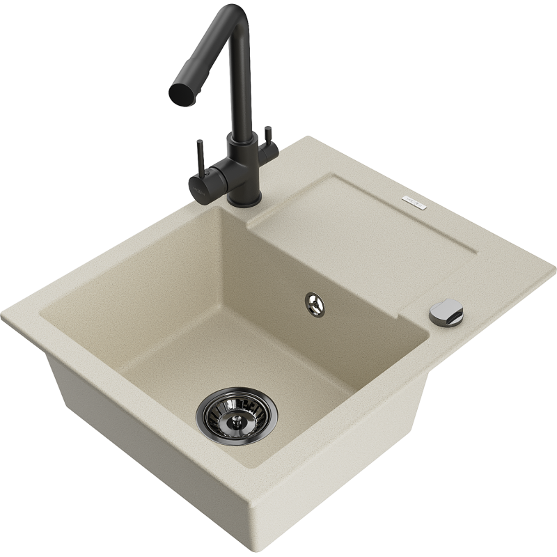 Mexen Enzo 1-compartment granite sink with a drip tray and kitchen mixer tap Duero, Beige - 6506-69-671600-70