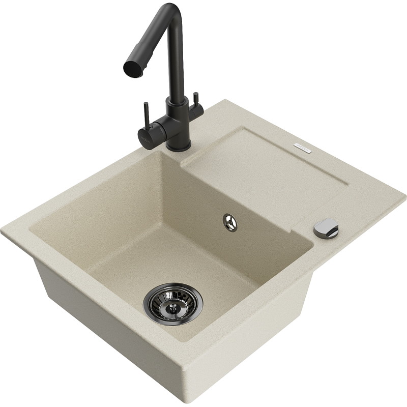 Mexen Enzo granite single-bowl sink with drainer and Duero kitchen faucet, beige - 6506-69-671600-70