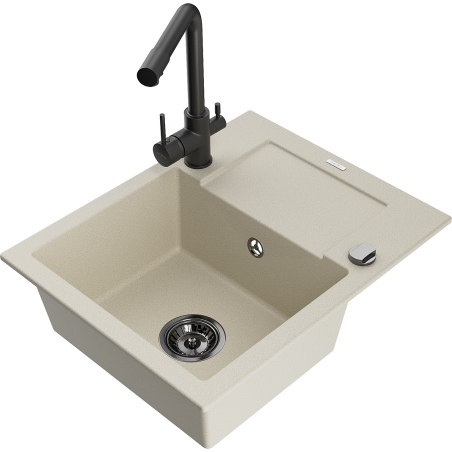 Mexen Enzo granite single-bowl sink with drainer and Duero kitchen faucet, beige - 6506-69-671600-70