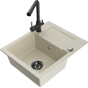 Mexen Enzo granite single-bowl sink with drainer and Duero kitchen faucet, beige - 6506-69-671600-70