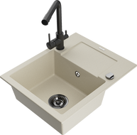 Mexen Enzo granite sink 1-bowl with drainer and Duero kitchen faucet, beige - 6506-69-671600-70