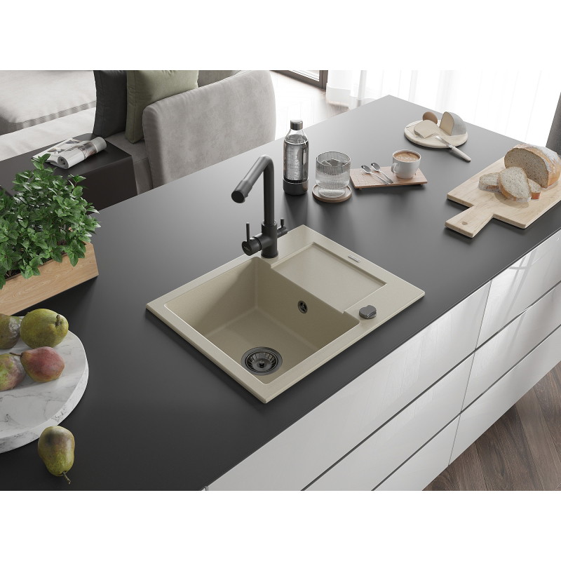 Mexen Enzo granite single-bowl sink with drainer and Duero kitchen faucet, beige - 6506-69-671600-70