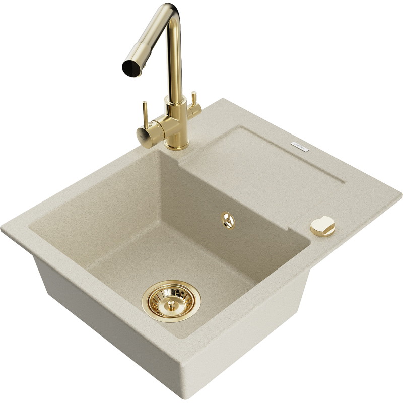 Mexen Enzo 1-bowl Granite Sink with Drainer and Duero Kitchen Faucet, Beige - 6506-69-671600-50