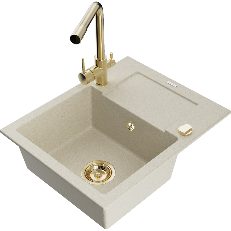 Mexen Enzo 1-compartment granite sink with a drip tray and kitchen mixer tap Duero, Beige - 6506-69-671600-50