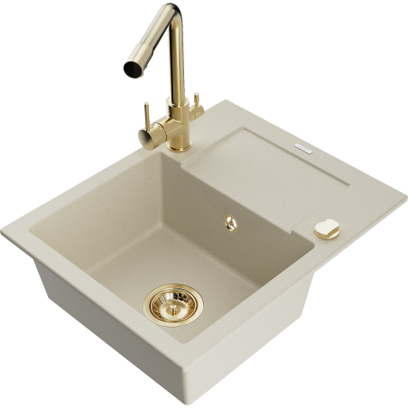 Mexen Enzo 1-bowl Granite Sink with Drainer and Duero Kitchen Faucet, Beige - 6506-69-671600-50