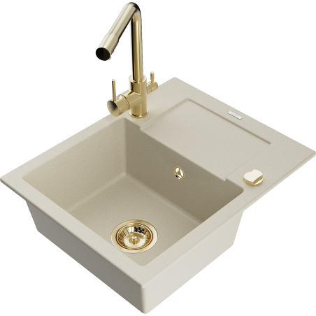 Mexen Enzo 1-compartment granite sink with a drip tray and kitchen mixer tap Duero, Beige - 6506-69-671600-50