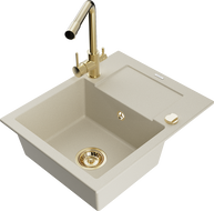Mexen Enzo 1-compartment granite sink with a drip tray and kitchen mixer tap Duero, Beige - 6506-69-671600-50