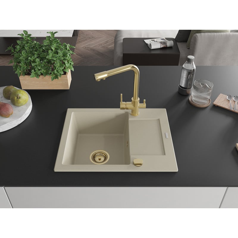 Mexen Enzo 1-bowl granite kitchen sink with drainer and Duero kitchen tap, beige - 6506-69-671600-50