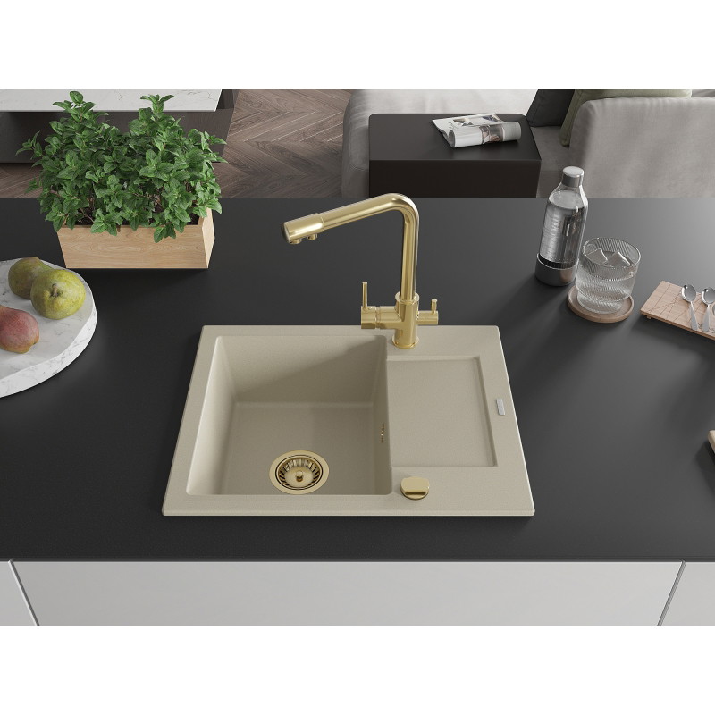 Mexen Enzo 1-bowl Granite Sink with Drainer and Duero Kitchen Faucet, Beige - 6506-69-671600-50