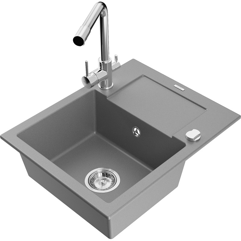 Mexen Enzo 1-bowl granite sink with drainer and Duero kitchen faucet, gray - 6506-71-671600-00