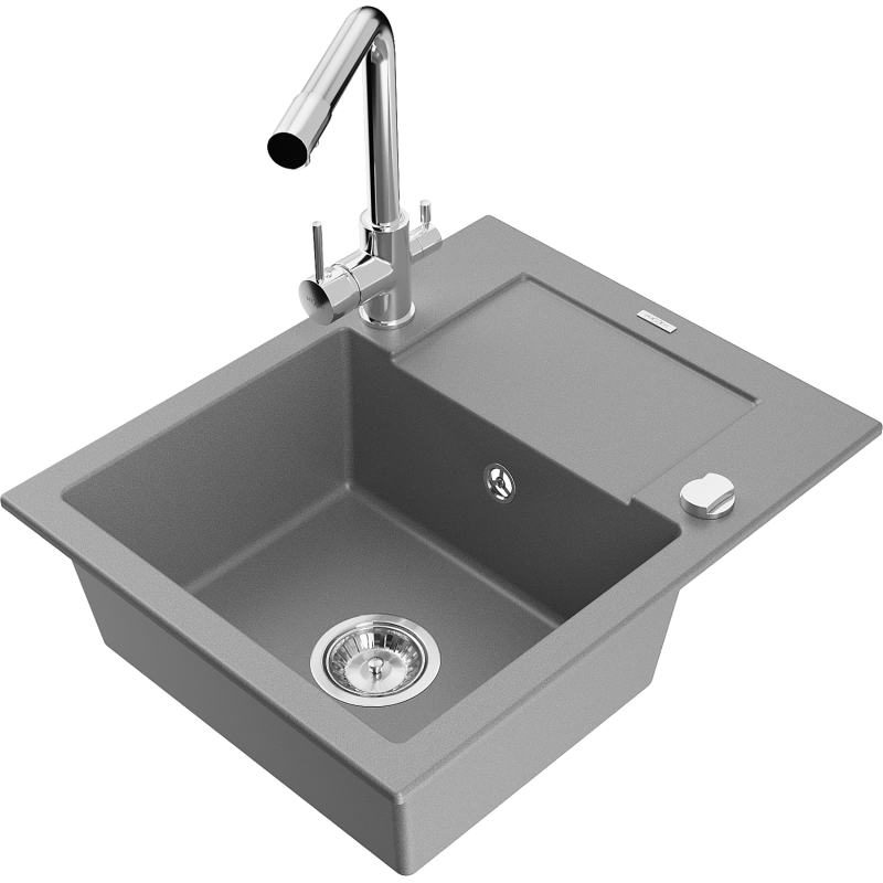 Mexen Enzo 1-compartment granite sink with a drip tray and kitchen mixer tap Duero, Grey - 6506-71-671600-00