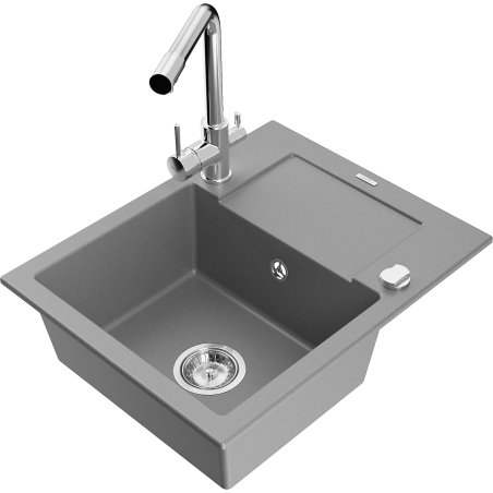 Mexen Enzo 1-compartment granite sink with a drip tray and kitchen mixer tap Duero, Grey - 6506-71-671600-00