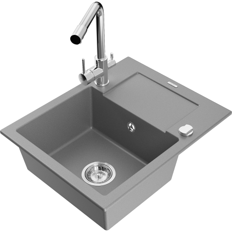 Mexen Enzo granite sink 1-bowl with drainer and kitchen tap Duero, gray - 6506-71-671600-00