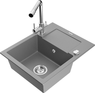 Mexen Enzo 1-bowl granite sink with drainer and Duero kitchen faucet, gray - 6506-71-671600-00