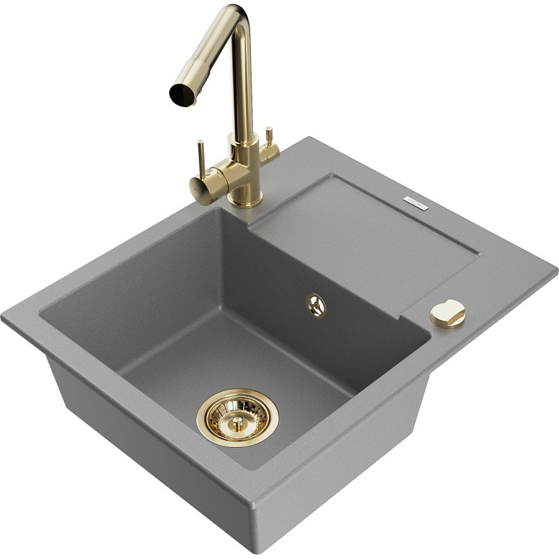 Mexen Enzo 1-bowl granite sink with drainer and kitchen mixer tap Duero, gray - 6506-71-671600-50