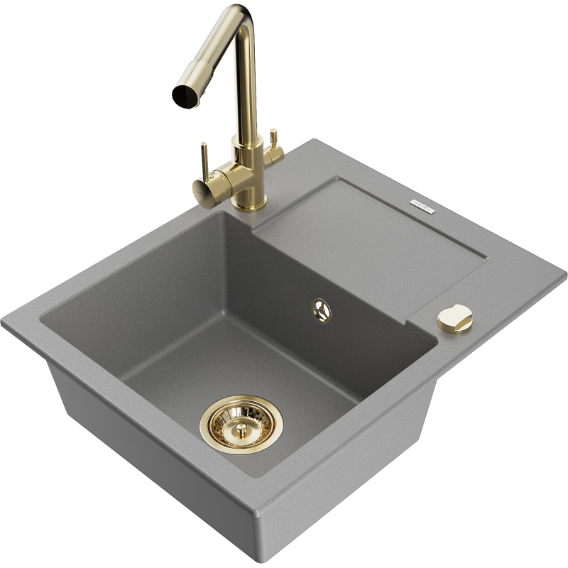 Mexen Enzo granite sink 1-bowl with drainer and Duero kitchen tap, grey - 6506-71-671600-50